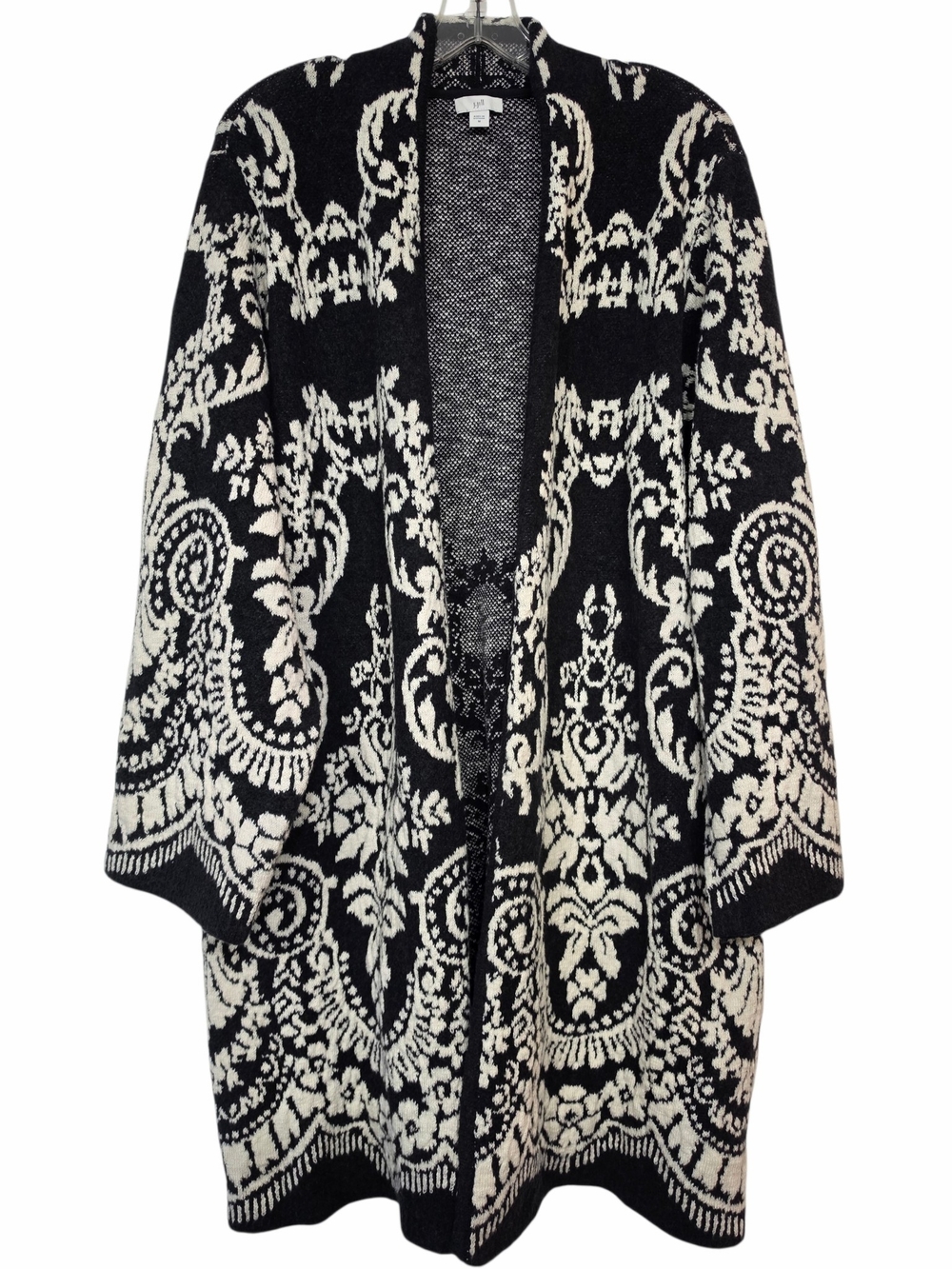 J.Jill Black Cream Paisley Jacquard Longline Open Front Cardigan Sweater M - Picture 14 of 14